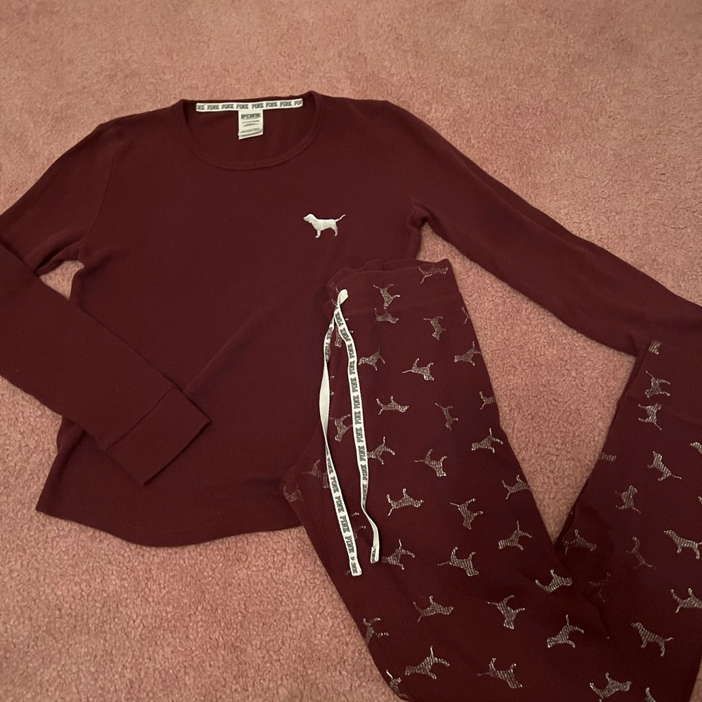 PINK waffle knit maroon pajama set